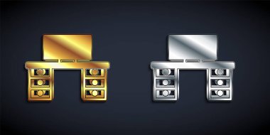 Altın ve gümüş ofis masa simgesi siyah arka planda izole edildi. Uzun gölge tarzı. Vektör