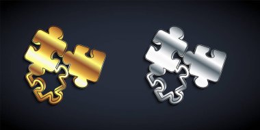 Altın ve gümüş yapboz parçaları siyah arka planda izole edilmiş oyuncak ikonu. Uzun gölge tarzı. Vektör