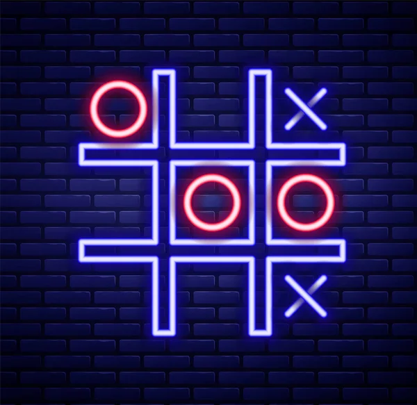 Glowing Neon Line Tic Tac Toe Game Icon Isolated Brick — Stock Vector