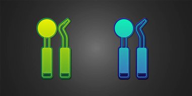 Siyah arkaplanda yeşil ve mavi diş tetkik aynası ve sonda simgesi var. Kaşif pulluğu. Diş muayenesi. Vektör