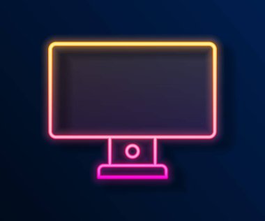 Parlayan neon hattı bilgisayar monitörü simgesi siyah arkaplanda izole edildi. Bilgisayar bileşeni işareti. Vektör