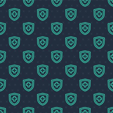 Yeşil Hat Hayat Sigortası ve kalkan ikonu mavi arka planda izole edilmiş pürüzsüz desen. Güvenlik, güvenlik, koruma, konsept koruma. Vektör