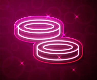 Parlayan neon hattı Checker oyun çipleri simgesi kırmızı arkaplanda izole edildi. Vektör