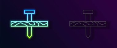 Parlayan neon hattı metalik çivi ve tahta ikonu siyah arka planda izole edilmiş. Vektör