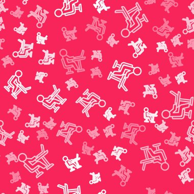 Beyaz çizgi Freelancer simgesi kırmızı arka planda izole edilmiş. Evinde dizüstü bilgisayarla çalışan serbest çalışan bir adam. Çevrimiçi iş, uzak iş kavramı. Vektör