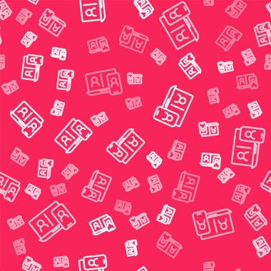 Beyaz çizgi görüntülü sohbet konferans simgesi kırmızı arkaplanda izole edilmiş kusursuz desen. Çevrimiçi iş görüşmesi formu. Uzak proje yönetimi. Vektör