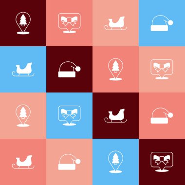 Sanat eserleri, Noel ağacı, hediye yayı, Noel Baba kızağı ve Noel Baba şapkası ikonu. Vektör