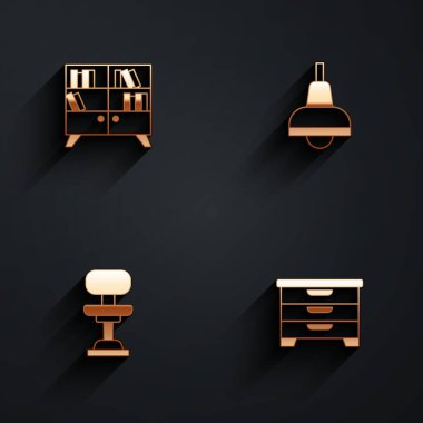 Kütüphane kitaplığı, lamba asma, ofis sandalyesi ve uzun gölgeli çekmece simgesi. Vektör