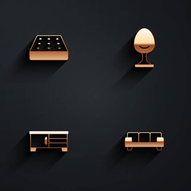 Set Şilte, Koltuk, TV masası ve uzun gölgeli kanepe simgesi. Vektör