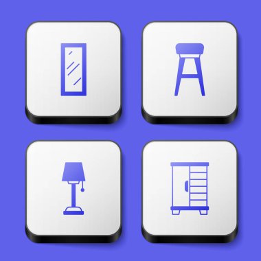 Büyük boy ayna, sandalye, yer lambası ve kostüm ikonunu ayarla. Beyaz kare düğme. Vektör