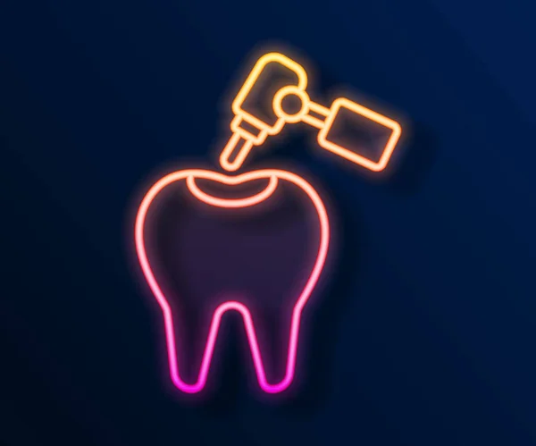 Ligne Lumineuse Néon Dent Avec Caries Icône Perçage Dentaire Isolée — Image vectorielle