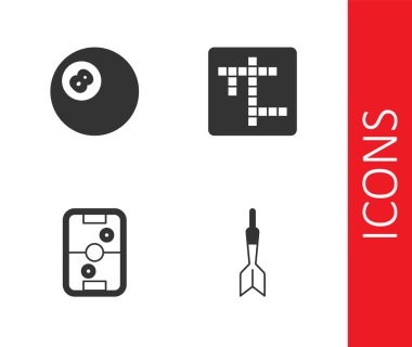 Dart oku, bilardo topu, hava hokey masası ve çapraz bulmaca ikonu. Vektör