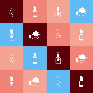 Popüler sanat aknelerini, rujları, tırnak cilasını ve tıraş köpüğünü el resmine koy. Vektör