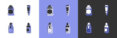 Temel yağ şişesi, deodorant rulosu, bir şişe sıvı sabun ve krem losyon ikonu. Vektör