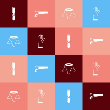 El testeresi, ağaç kütüğü ve koruyucu eldiven ikonu. Vektör