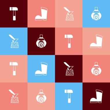 Pop Art Hammer 'ı, su geçirmez lastik botu kütükte tahta baltayı ve Grapple vinç yakalama ikonunu ayarla. Vektör