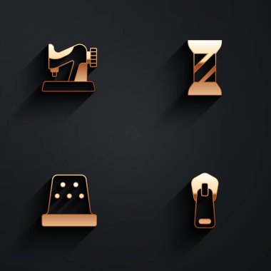 Dikiş makinesini, dikiş ipliğini, dikiş dikmek için yüksüğü ve uzun gölgeli fermuar simgesini ayarla. Vektör