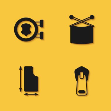 Deri, fermuar, dikiş deseni ve uzun gölgeli örgü iğneleri ikonu. Vektör