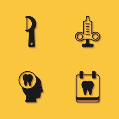 Diş ipini, diş takvimini, diş ağrısını ve uzun gölgeli şırınga ikonunu ayarla. Vektör