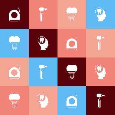 Popüler sanat diş ipi, diş matkabı, implant ve diş ağrısı simgesini ayarla. Vektör