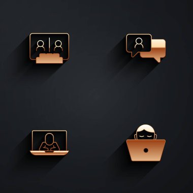 Video sohbet konferansı, konuşma balonu ve uzun gölgeli Freelancer simgesi ayarla. Vektör