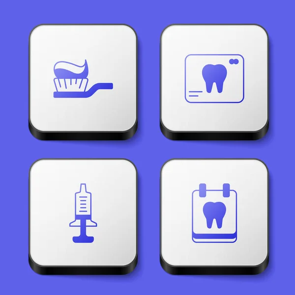 设置牙刷与牙膏 注射器和日历图标 白色正方形按钮 — 图库矢量图片
