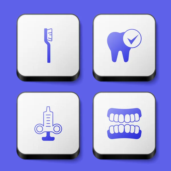 Set Zahnbürste Spritze Und Zahnersatz Modell Symbol Weiße Quadratische Taste — Stockvektor