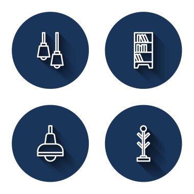 Lamba asılması, kütüphane kitaplığı ve uzun gölgeli palto standı. Mavi daire düğmesi. Vektör