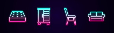 Set hattı, yatak, gardırop, sandalye ve kanepe. Parlayan neon ikonu. Vektör