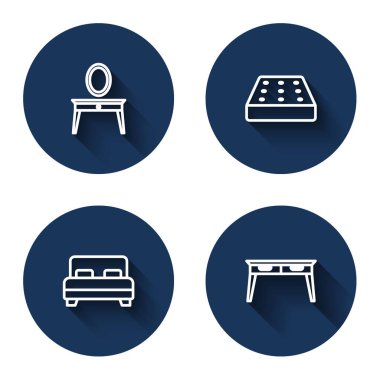 Sıralı giyinme masası, yatak, büyük yatak ve uzun gölgeli ofis masası. Mavi daire düğmesi. Vektör