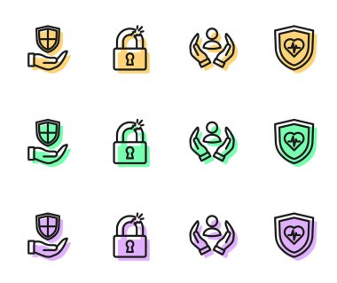 Hat hayat sigortası, kalkan el, kırık kilit ve kalkan ikonu. Vektör