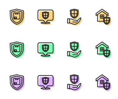 Hat kalkanını devreye sokun, kalkanla, konumla ve ev ikonuyla teslimat güvenliğini sağlayın. Vektör