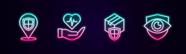 Hat konum kalkanı, hayat sigortası, teslimat güvenliği ve Shield Eye. Parlayan neon ikonu. Vektör
