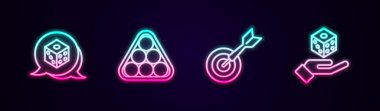 Çizgi oyunu zarları, üçgende bilardo topları, klasik dart tahtası ve ok ve. Parlayan neon ikonu. Vektör