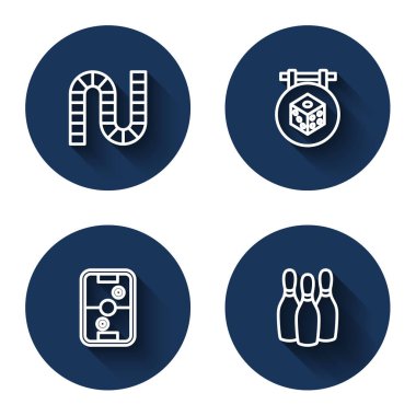 Çizgi tahtası oyunu, zar oyunu, hokey masası ve uzun gölgeli bowling broşu. Mavi daire düğmesi. Vektör