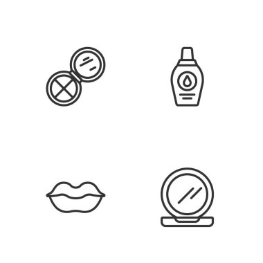 Makyaj tozunu aynayla, gülümseyen dudaklarla ve şampuan ikonuyla ayarla. Vektör