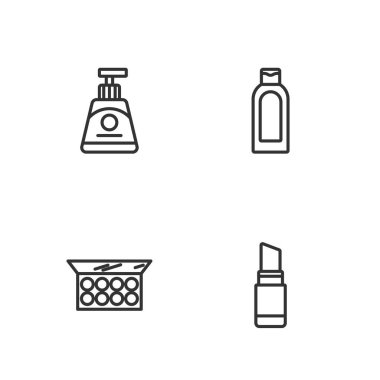 Çizgi ruj, aynalı makyaj pudrası, krem losyon kozmetik tüp ve şampuan ikonu. Vektör