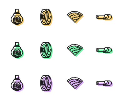 Ahşap kiriş, vinç tutacağı kütük, ağaç halkaları ve testere simgesi. Vektör