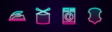 Halat örgüsü, örgü iğneleri, çamaşır makinesi ve deri. Parlayan neon ikonu. Vektör