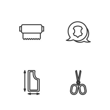 Çizgi makasları, dikiş desenlerini, kumaş rulosunu ve deri ikonunu ayarla. Vektör