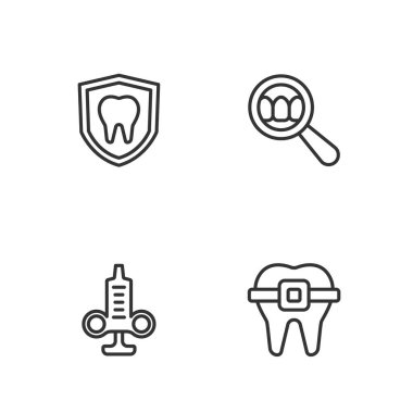 Diş teli, şırınga, diş koruması ve arama ikonu olan çizgi dişlerini ayarla. Vektör