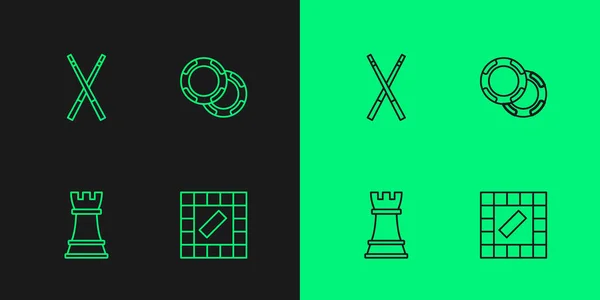设定线路板游戏 国际象棋 交叉台球提示和赌场芯片图标 — 图库矢量图片
