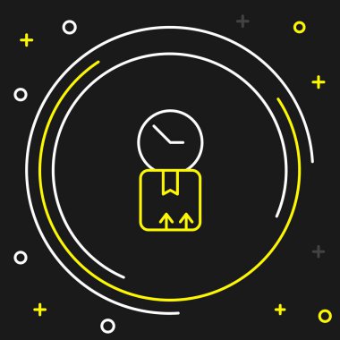 Çizgi karton kutu ve hızlı teslimat simgesi siyah arkaplanda izole edildi. Kutu, paket, paket işareti. Teslimat ve ambalaj. Renkli taslak konsepti. Vektör