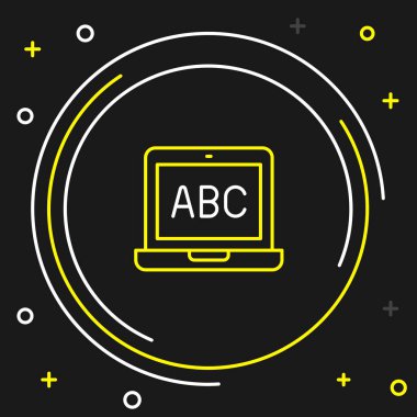 Satır dizüstü simgesi siyah arkaplanda izole edildi. Boş ekran işaretli bilgisayar defteri. Renkli taslak konsepti. Vektör