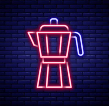 Parlayan neon hattı kahve makinesi moca pot ikonu tuğla duvar arkasında izole edilmiş. Renkli taslak konsepti. Vektör