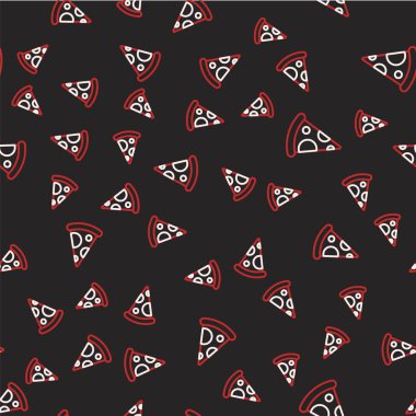 Pizza ikonu çizgisi siyah arka planda izole edilmiş. Fast food menüsü. Vektör