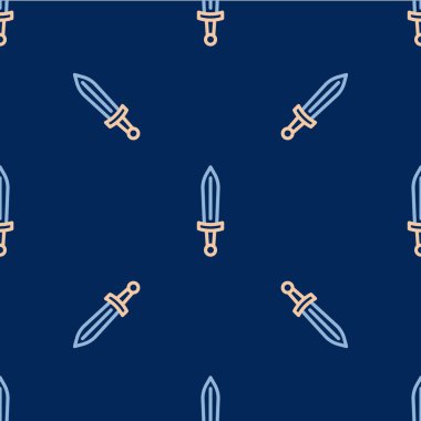 Orta Çağ çizgisi kılıç ikonu mavi arka planda kusursuz desen izole etti. Ortaçağ silahı. Vektör