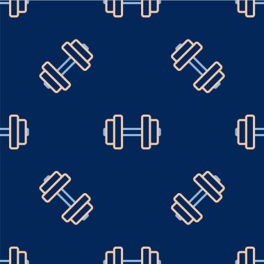 Dumbbell çizgisi simgesi mavi arkaplandaki kusursuz deseni izole etti. Kas kaldırma, fitness halteri, spor malzemeleri. Vektör