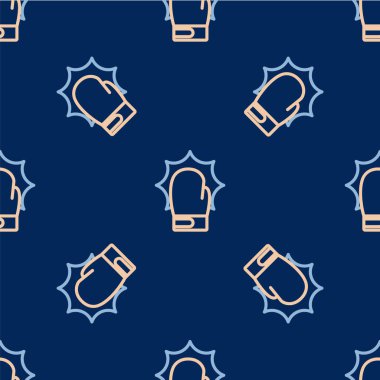 Boks eldiveni simgesinde çizgi yumruğu mavi arka planda izole edilmiş pürüzsüz desen. Boks eldivenleri patlayıcıyla birbirine çarpıyor. Vektör