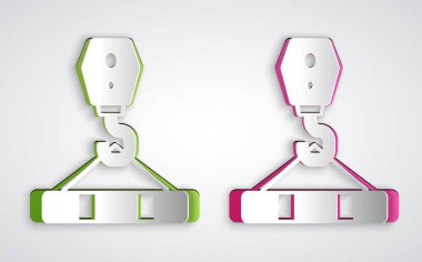 Kağıt kesiği Crane kancası ikonu gri arka planda izole edilmiş. Endüstriyel kanca ikonu. Kağıt sanatı tarzı. Vektör